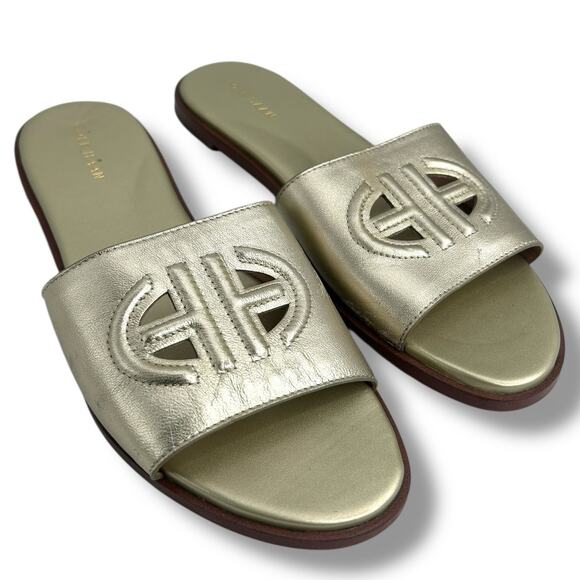 Cole Haan Flynn Logo Slide Sandals Size 10 Metallic Gold Cut out Flats - Picture 1 of 13